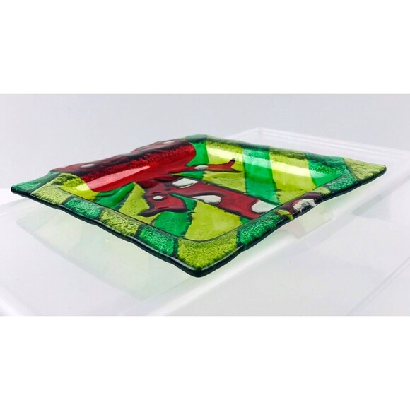 Christmas Glass Candy dish Green Red Bow Stripes 6in x 7in Fused Art Glass - Picture 3 of 5